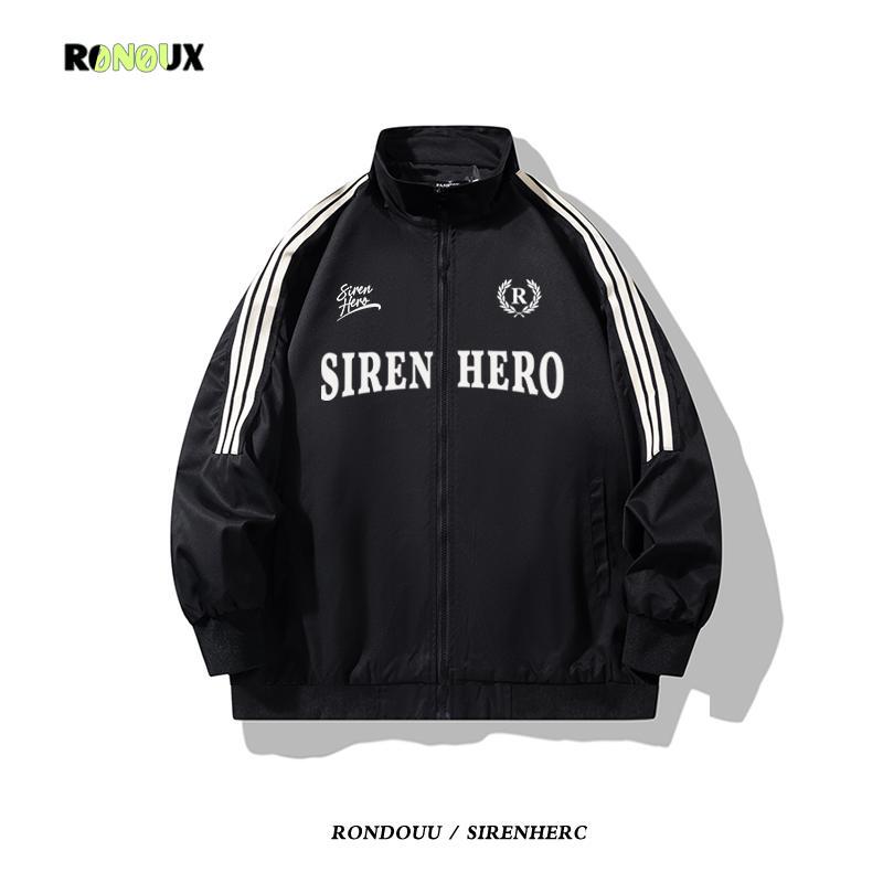 Ronoux Trendy Hip-Hop American Style Three-Stripe Stand Collar Jacket for Men and Women, Spring and Autumn Couple Loose Bomber Jacket Ronoux Trendy Hip-Hop American Style Three-Stripe Stand Collar Jacket for Men and Women, Spring and Autumn Couple Loose Bomber Jacket