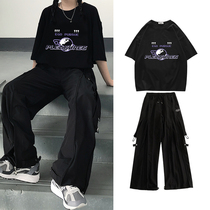 Summer Korean version of loose bf sports cool girls wear handsome hip-hop overalls suit female tide students two-piece set