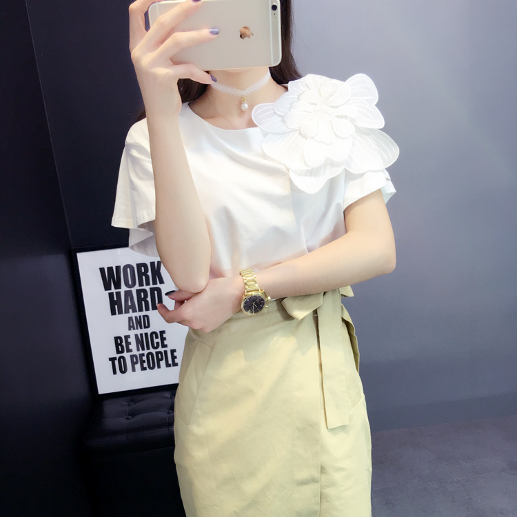 Mùa xuân và mùa hè phiên bản mới của Hàn Quốc của áo thun tay hoa ba chiều lớn bằng tay xù lông ngắn tay áo thun cotton nữ rộng - Áo phông áo thu đông dài tay nữ