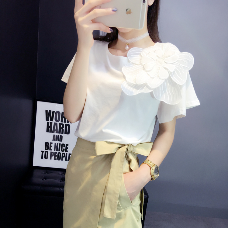 Mùa xuân và mùa hè phiên bản mới của Hàn Quốc của áo thun tay hoa ba chiều lớn bằng tay xù lông ngắn tay áo thun cotton nữ rộng - Áo phông áo thu đông dài tay nữ