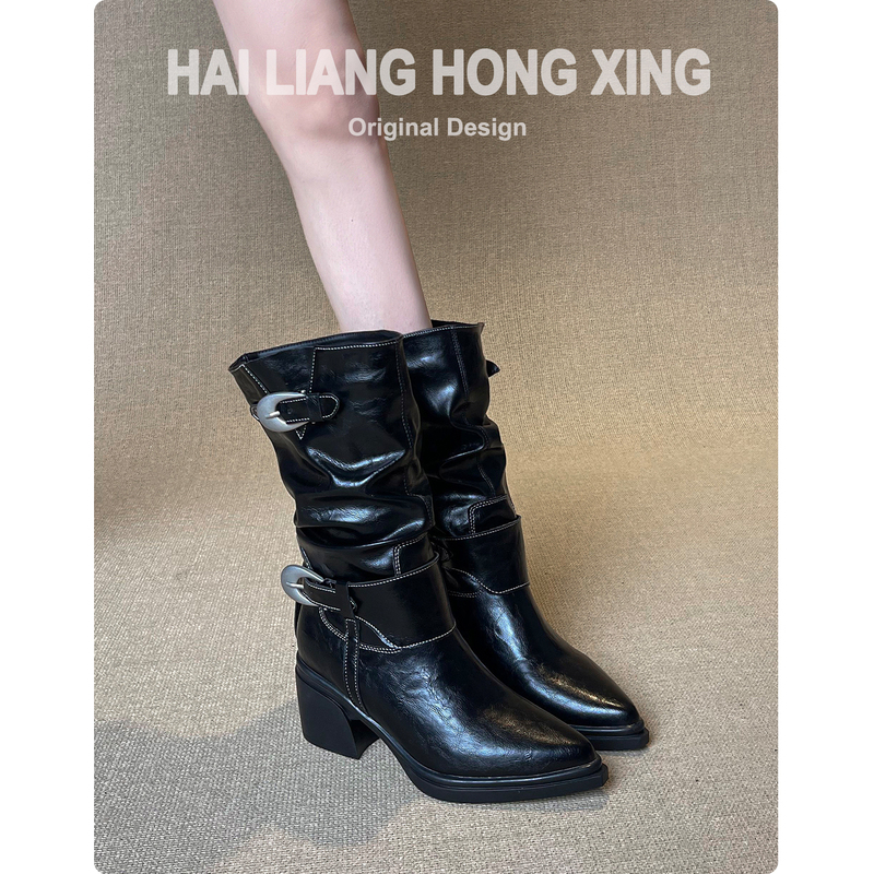 Sheepskin Version ~ Retro Pointed-Toe High-Heeled Short Boots for Women, New Style Chunky Heel Pleated Stacked Boots, Riding Boots, Mid-Calf Martin Boots Sheepskin Version ~ Retro Pointed-Toe High-Heeled Short Boots for Women, New Style Chunky Heel Pleated Stacked Boots, Riding Boots, Mid-Calf Martin Boots