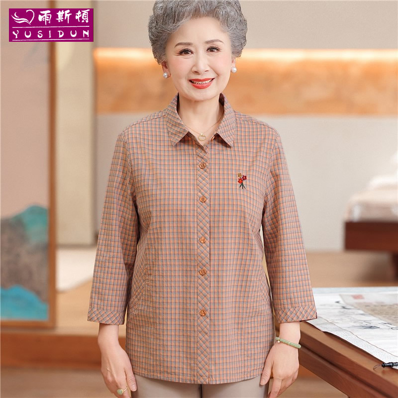 Summer Plaid Shirts for Middle-Aged and Elderly Mothers, Comfortable and Breathable Cotton Tops for Elderly Women, Pure Cotton Shirts for Grandmothers