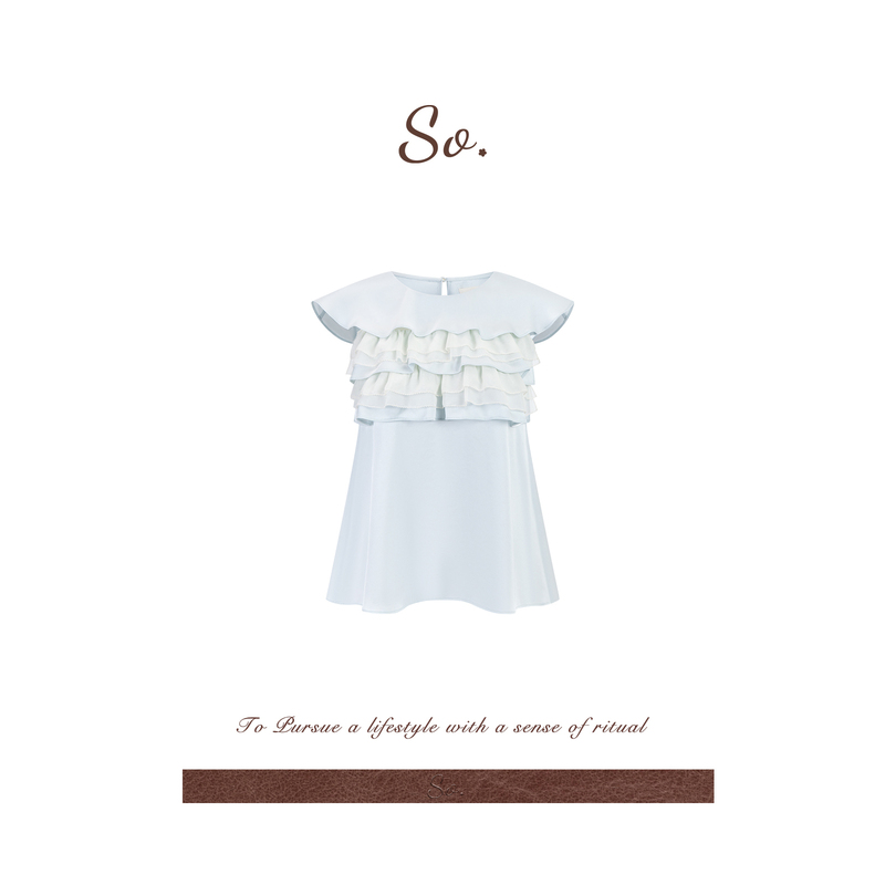 So 26Ss Light Blue Double-Layered Ruffled Short-Sleeved Top, Summer Gentle Round Neck Back-Button Slimming Chiffon Blouse So 26Ss Light Blue Double-Layered Ruffled Short-Sleeved Top, Summer Gentle Round Neck Back-Button Slimming Chiffon Blouse