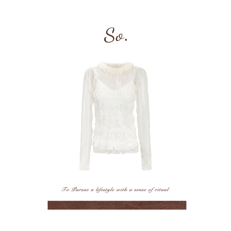 26Aw Tulle Series Three-Dimensional Pleated Splicing Feather Collar Satin Camisole + Long-Sleeved Inner Shirt