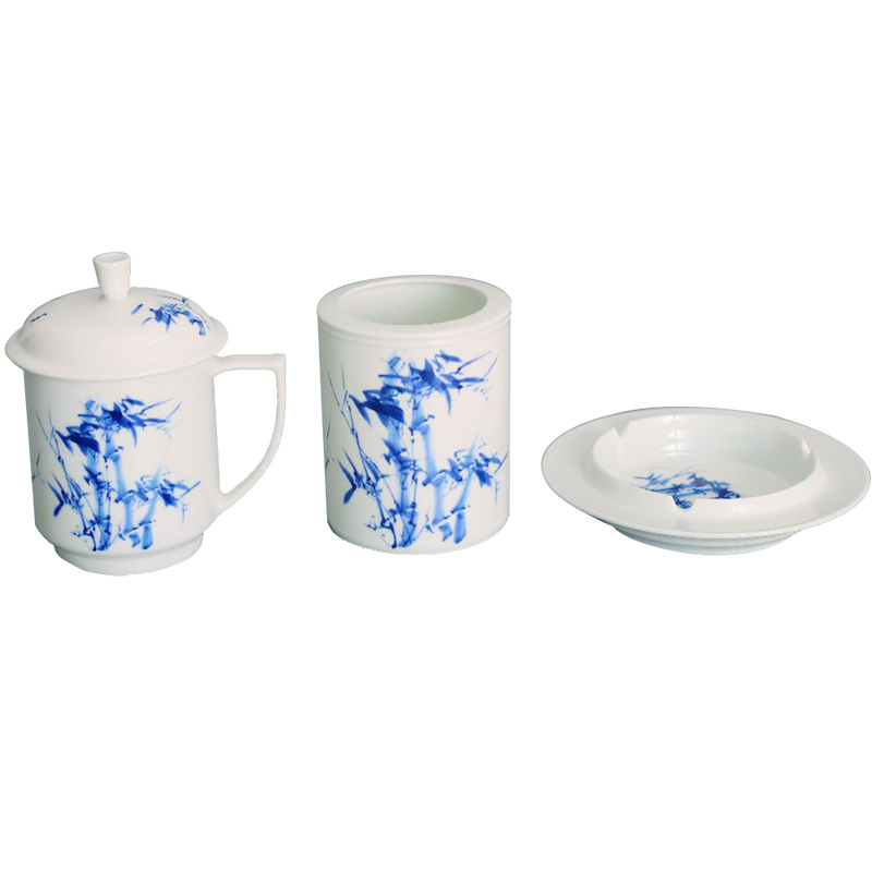 Ancient town of blue and white porcelain ceramic office cup with cover glass ashtray brush pot three - piece cup gift boxes