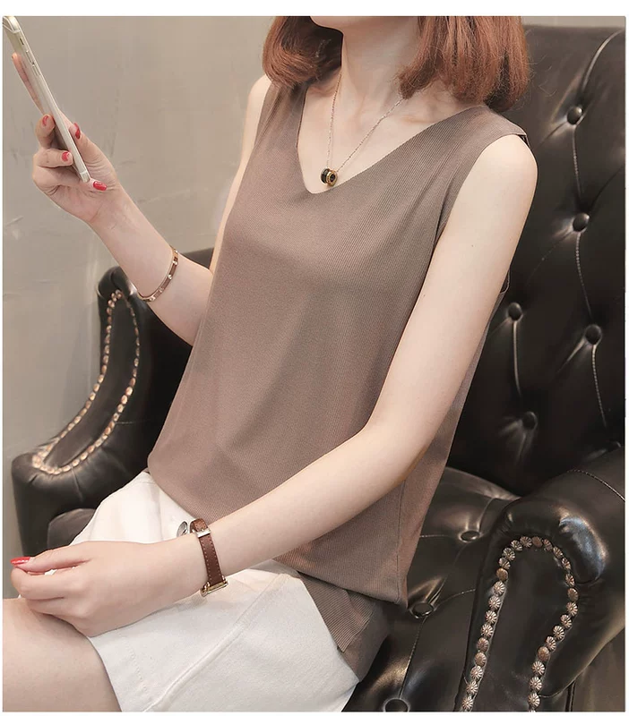 v cổ áo size lớn Hồng Kông hương vị retro chic đan sling nữ mùa thu 2018 mới vest nữ mùa thu bên trong áo sơ mi chạm đáy