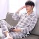 ຊຸດນອນຜູ້ຊາຍ 100% cotton pajamas long-sleeved spring and autumn style Korean style plaid casual large size spring and summer men's home wear set