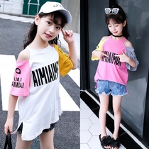 Girls 2021 new summer cotton - shoulder T - shirt childrens Han - coloured letter printing extended body shirt