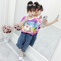 Girls short sleeve T-shirt 2021 new summer dress childrens striped round neck body shirt foreign style girl cartoon print top