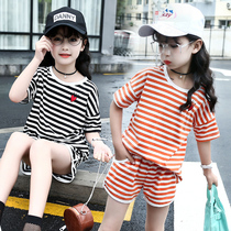 Childrens clothing girls 2021 new summer suit children Korean version of thin striped T-shirt shorts
