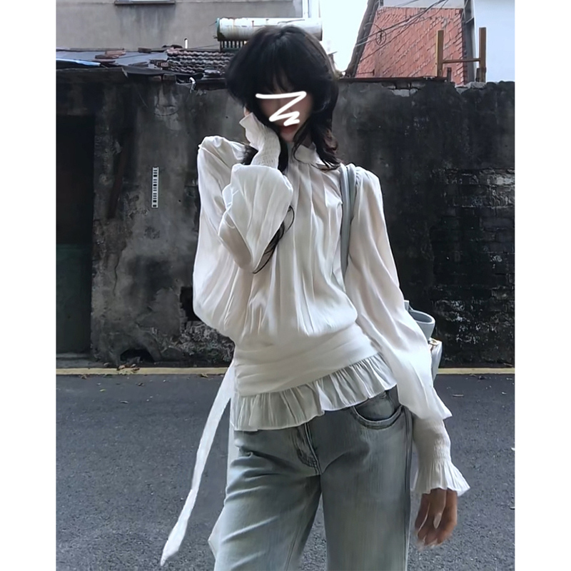 French-Style Lazy Pleated Design White Shirt for Women, Gentle Waist-Cinching, Age-Reducing Lantern Long-Sleeve Blouse French-Style Lazy Pleated Design White Shirt for Women, Gentle Waist-Cinching, Age-Reducing Lantern Long-Sleeve Blouse