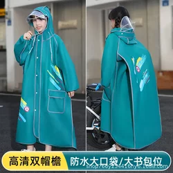n 어린이 비옷 소녀 소년 학교에 가고, 학교 가방을 가진 중학교 아이들, 긴 전신 비 판초