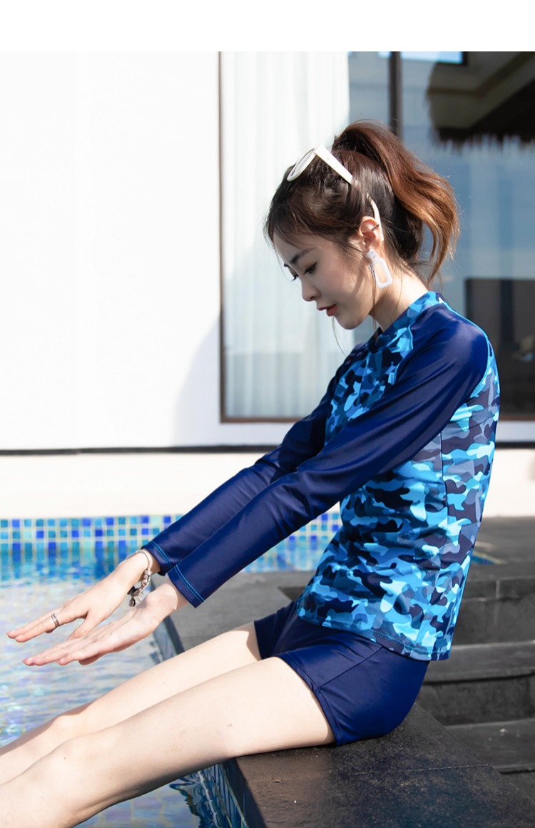 Áo tắm mới 2018 nữ thể thao chuyên nghiệp chia góc phẳng bảo tồn giảm béo bụng mẫu áo tắm dài tay mùa xuân nóng bỏng 	bikini 2 mảnh màu trắng	