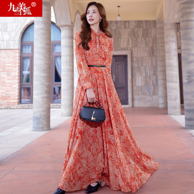 New Spring Women's Clothing, Autumn European and American Style, Tall and Elegant, Ankle-Length, Extra-Long, Wide-Swing, Floor-Length Dress