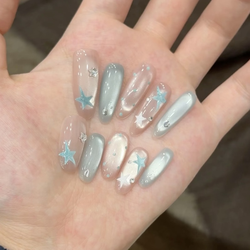 [Blue Ice Water] Handmade Wearable Nails Glacier Blue Cat Eye Star Polka Dot Brightening Gentle High-End Manicure