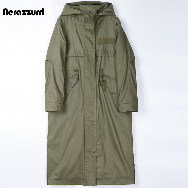 Nerazzurri Army Green Parka for Women with Fur Lining, Hooded, Fleece-Lined, Thick Faux Fur Coat, Long Style Nerazzurri Army Green Parka for Women with Fur Lining, Hooded, Fleece-Lined, Thick Faux Fur Coat, Long Style