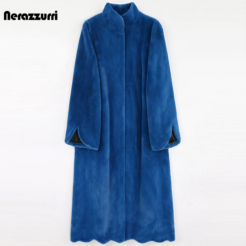 Nerazzurri Trendy Eco-Friendly Fur Coat, Young Style, Blue Long A-Line Plush Faux Rabbit Fur Coat