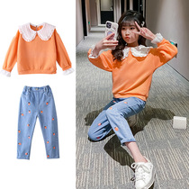 22020 Autumn New Girls Set Autumn Mid-Autumn Childrens Korean Style Doll Collar Sweatshirt Denim Embroidered Pants Two-piece Set