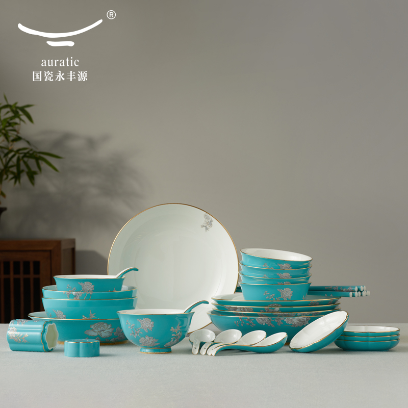 The porcelain Mrs Yongfeng source porcelain ink painting peony 38 head plate combination of household ceramics tableware suit Chinese bowl
