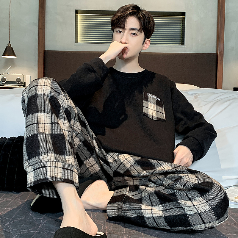 Men's Pajamas, Autumn Pure Cotton Long-Sleeved, Youth Black Plaid, Spring and Autumn Style, Can Be Worn Outside, Large Size Home Wear Set, Autumn Men's Pajamas, Autumn Pure Cotton Long-Sleeved, Youth Black Plaid, Spring and Autumn Style, Can Be Worn Outside, Large Size Home Wear Set, Autumn