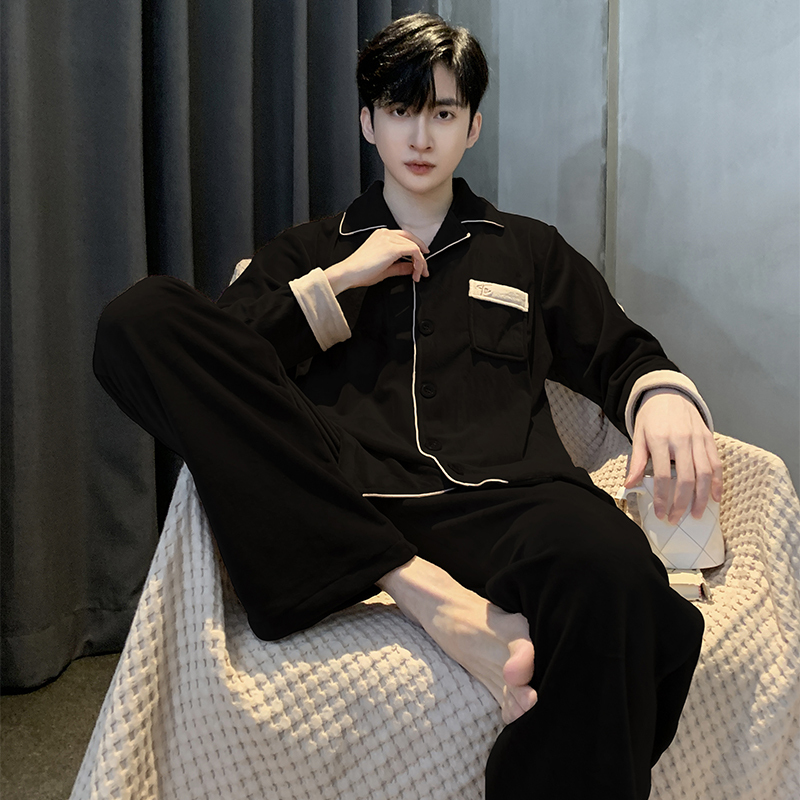 Island Velvet Pajamas for Men, Autumn and Winter Thickened Coral Velvet, Winter Black, Can Be Worn Outside, Spring and Autumn Home Wear Set for Men Island Velvet Pajamas for Men, Autumn and Winter Thickened Coral Velvet, Winter Black, Can Be Worn Outside, Spring and Autumn Home Wear Set for Men