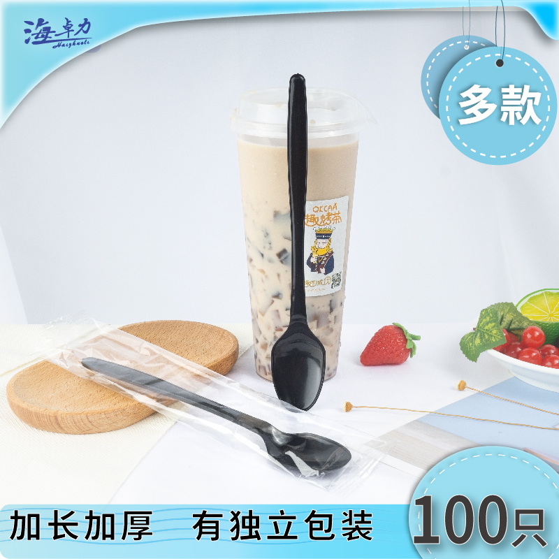 Disposable plastic long handle Burnt Fairy Grass Fruit Bailing Cake Sweet Milk Tea Mesh Red Fork Spoon Integrated individually Packaging