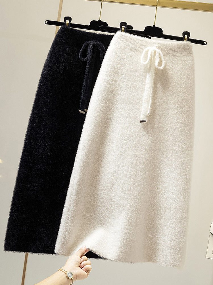 Thickened imitation mink velvet medium and long version lace-up skirt Autumn and winter knitted split wool skirt Hip winter skirt