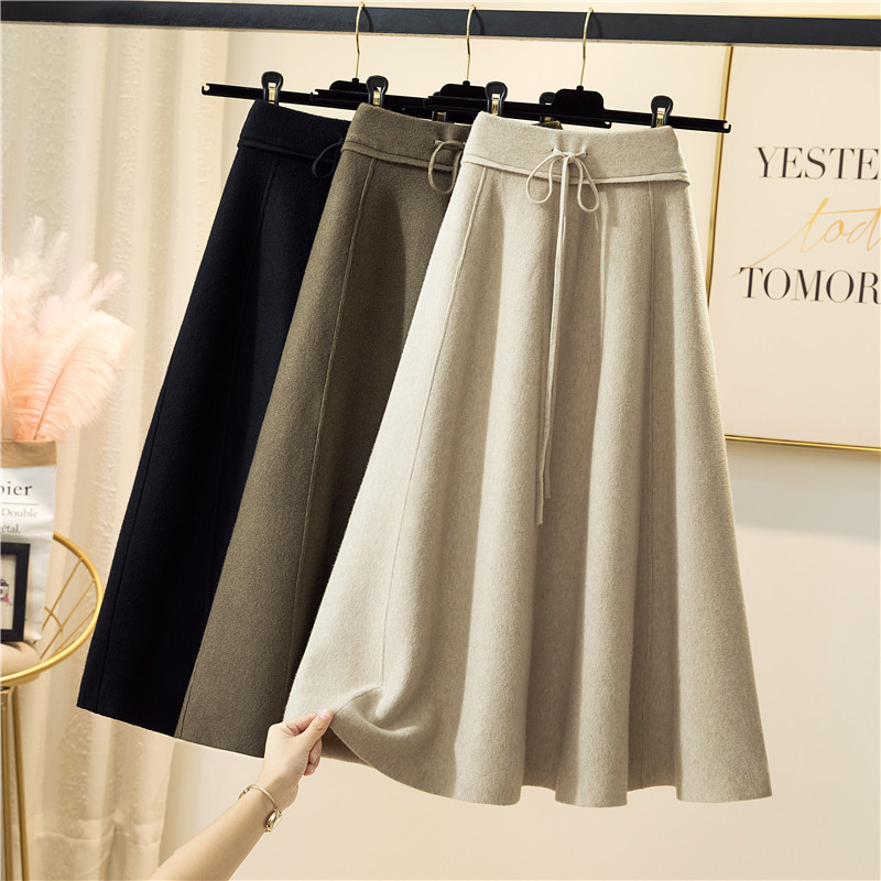 Knitted skirt, Korean version, high waist, A-line, autumn and winter wool, medium and long skirt, matching, pleated and belted