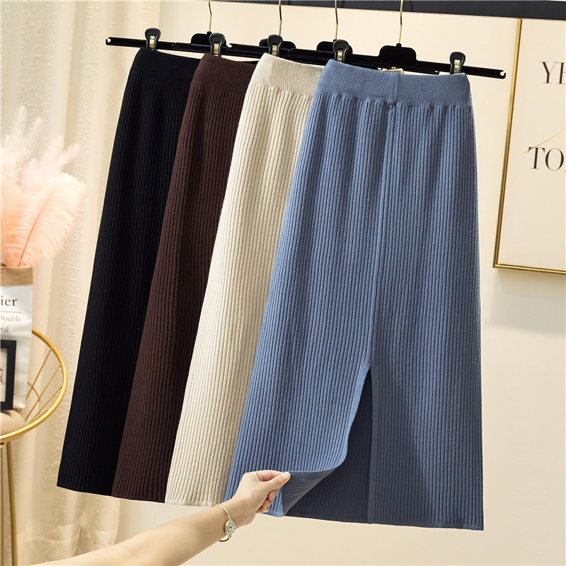 French vintage knitting skirt women autumn and winter 2020 new over the knee high waist in the long style wool skirt A word skirt