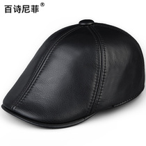 Autumn and Winter first layer cowhide mens leather hat duck tongue beret middle-aged basin machine hat outdoor leisure forward hat