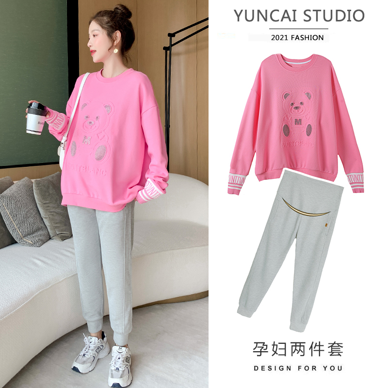 Net red maternity suit spring and autumn fashion outer wear bear western style loose sweater pregnancy autumn two-piece suit