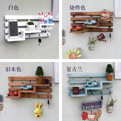 Creative solid wood wall non-hole storage rack shop wall children's room decoration porch key adhesive hook