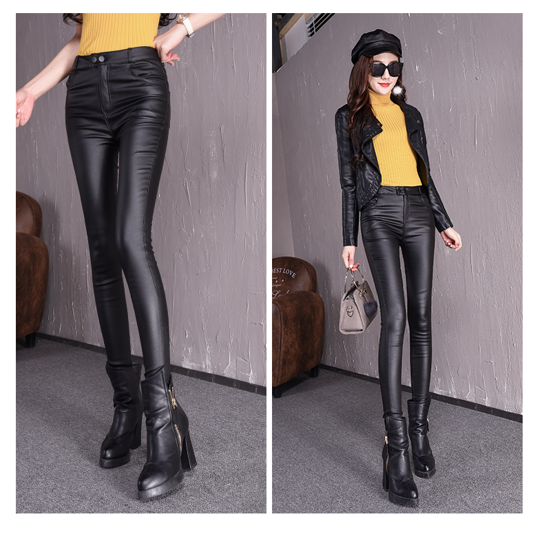 Quần da bó sát mới mùa xuân và mùa thu hoang dã eo cao đã mỏng bên ngoài mặc quần legging thun mờ chân quần nữ quần kaki nữ
