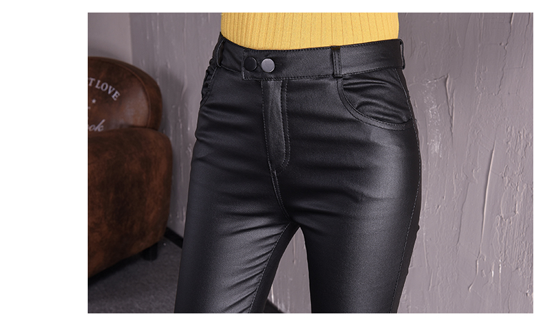 Quần da bó sát mới mùa xuân và mùa thu hoang dã eo cao đã mỏng bên ngoài mặc quần legging thun mờ chân quần nữ quần kaki nữ