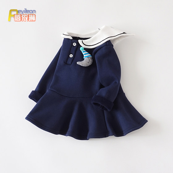 Little girl baby early spring navy style thin velvet dress infant clothes spring style skirt 0-1 years old 2