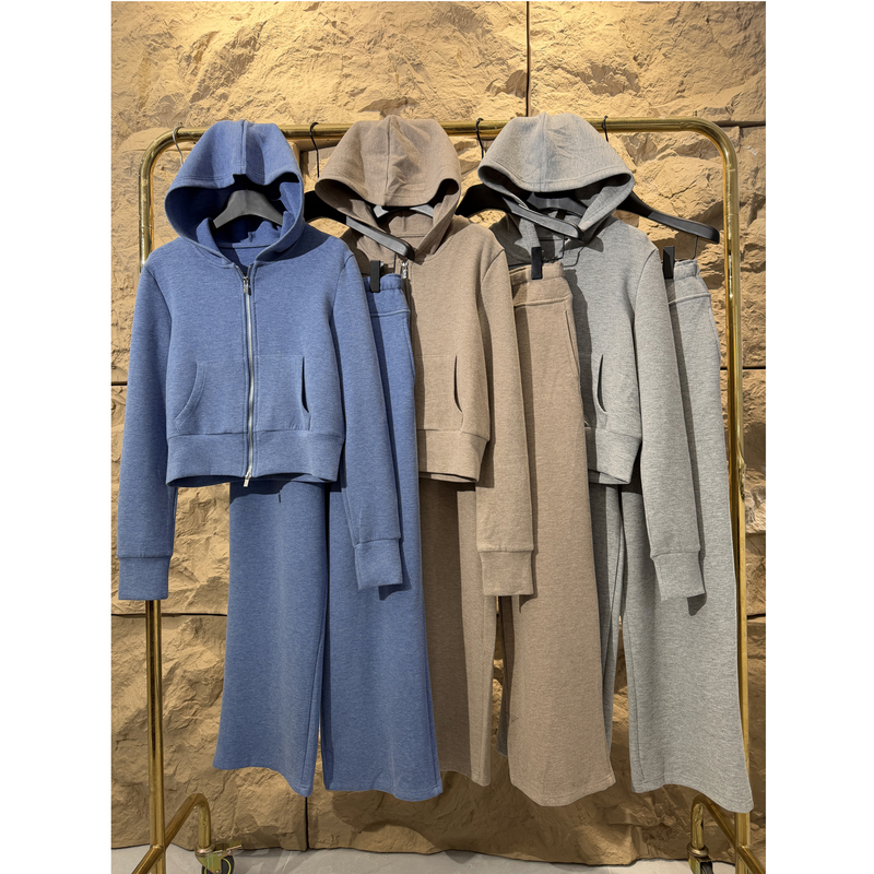 Shenzhen European Style 2026 Hooded Short Zip-Up Sweatshirt Set for Women with Drapey Wide-Leg Sweatpants Casual Sports Two-Piece Set Shenzhen European Style 2026 Hooded Short Zip-Up Sweatshirt Set for Women with Drapey Wide-Leg Sweatpants Casual Sports Two-Piece Set