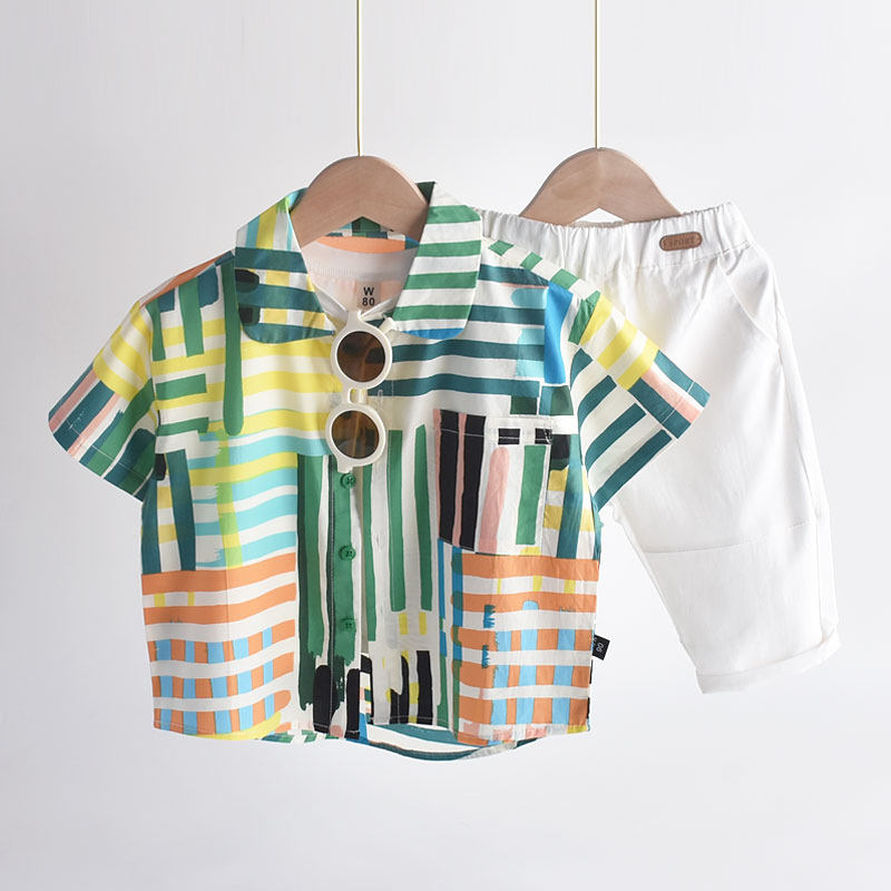 Show white fried street style children's shirt boys short-sleeved floral shirt children's baby summer thin section summer clothes pure cotton tide