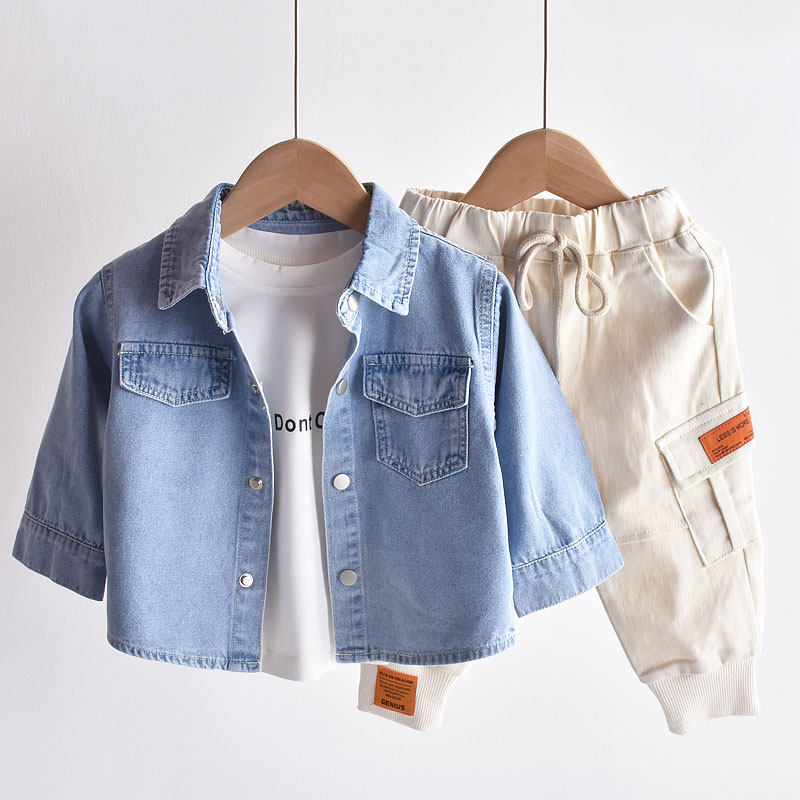 Soft ~ 2022 new spring clothes boy clothing boy jeans shirt child boomer Korean version baby lining coat thin coat