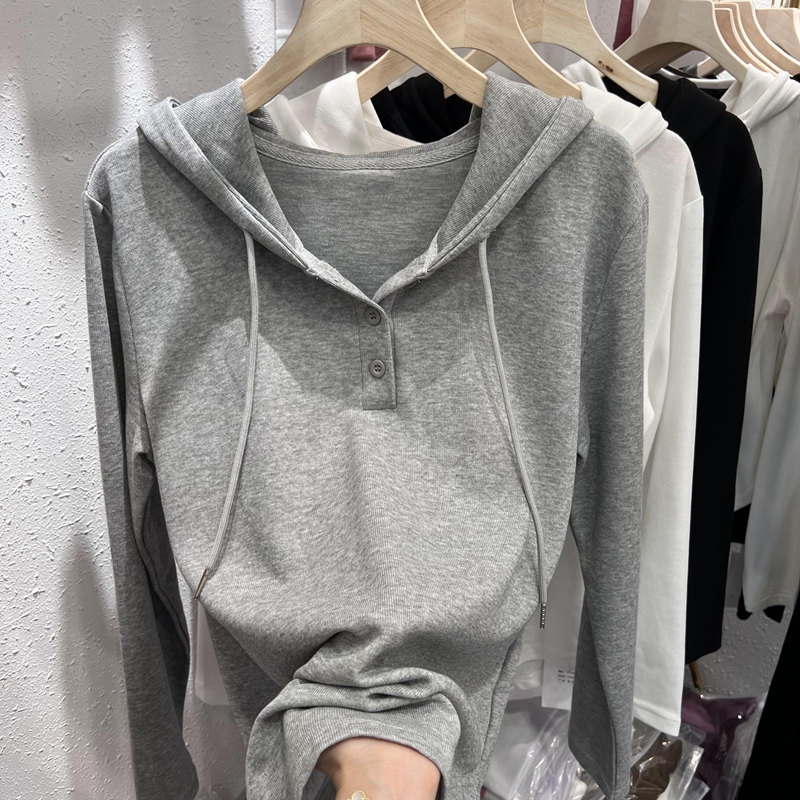 Hoodie Solid Color Slim Fit T-Shirt Casual Versatile Knit Top Women's 2025 Spring New Simple Top Base Shirt