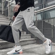 2021 autumn and winter Tide mens sports pants casual tie pants plus velvet gray pants men slim foot pants