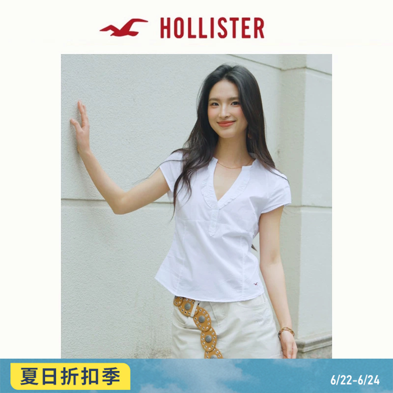 Hollister Little Seagull Pattern Sweet and Cute V-Neck Short-Sleeved Shirt 26 Spring and Summer Women's Clothing 340-6134