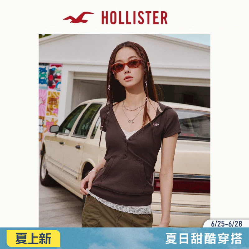 Hollister Small Seagull Pattern Slim Fit Henry Collar Short-Sleeved Hooded T-Shirt 26 Summer New Women's Clothing 339-6277