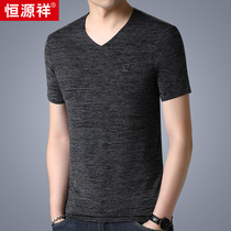 Hengyuanxiang mens short-sleeved T-shirt V-collar middle-aged mens summer thin trend collarless half-sleeved fashion casual top