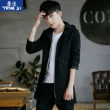 Мужской осенний длинный плащ, трендовая тонкая толстовка с капюшоном для отдыха, 2020, средней длины