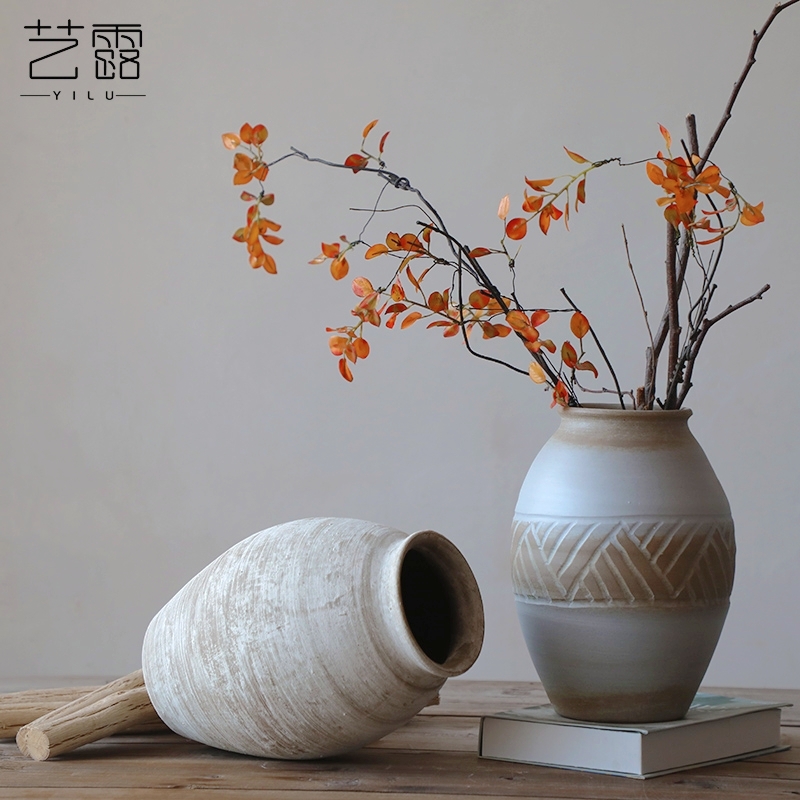 Literary retro manual coarse TaoHua device wabi-sabi clay earthenware dried flower vase hand made Japanese teahouse zen flowerpot