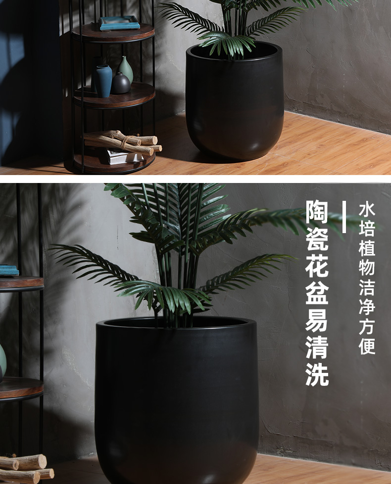 Nordic ceramic flower pot contracted creative floor living room decoration to the hotel green plant furnishing articles of large diameter cylinder black flower pot