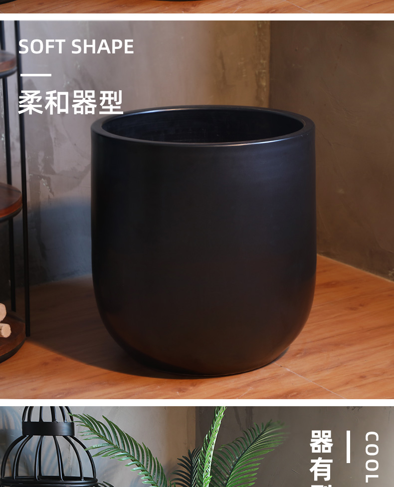 Nordic ceramic flower pot contracted creative floor living room decoration to the hotel green plant furnishing articles of large diameter cylinder black flower pot