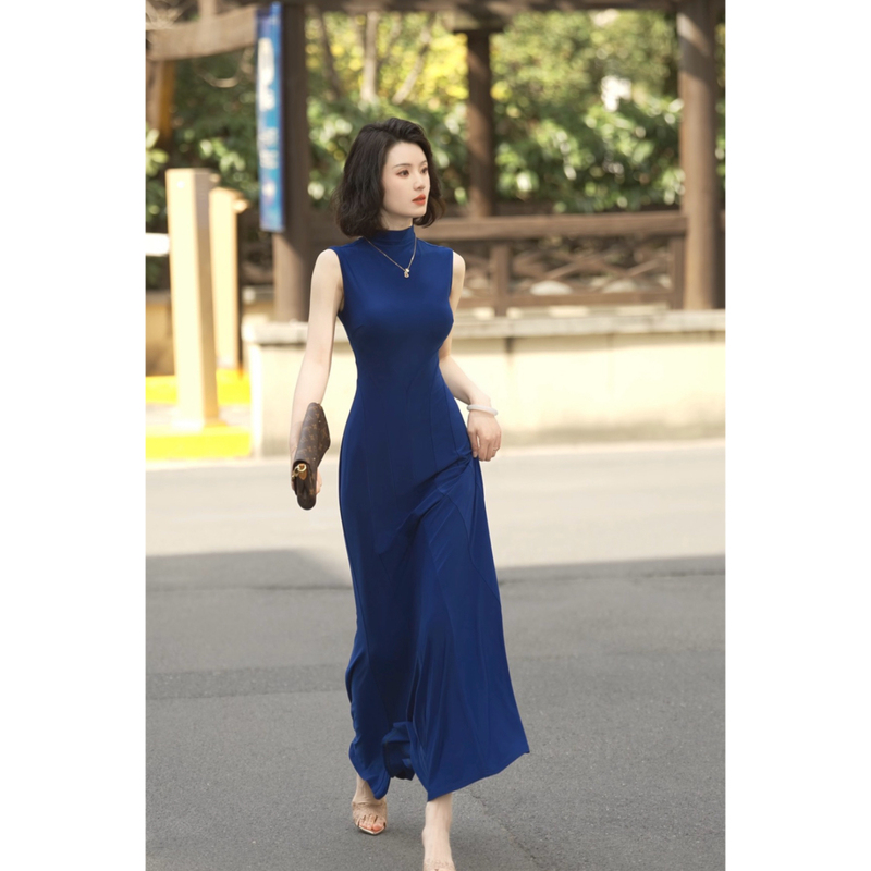 Cai Cai Jia [Sea Blue Night] Custom-Dyed Sapphire Blue Heavy-Duty Design Fishtail Hem Elegant White-Enhancing Dress