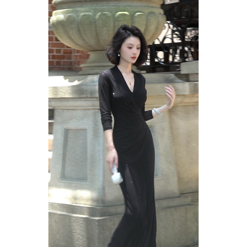 Cai Cai Jia [Night Star Sand] Autumn New High-End Sparkling Rhinestone Waist-Cinching Slim-Fit Design Dress