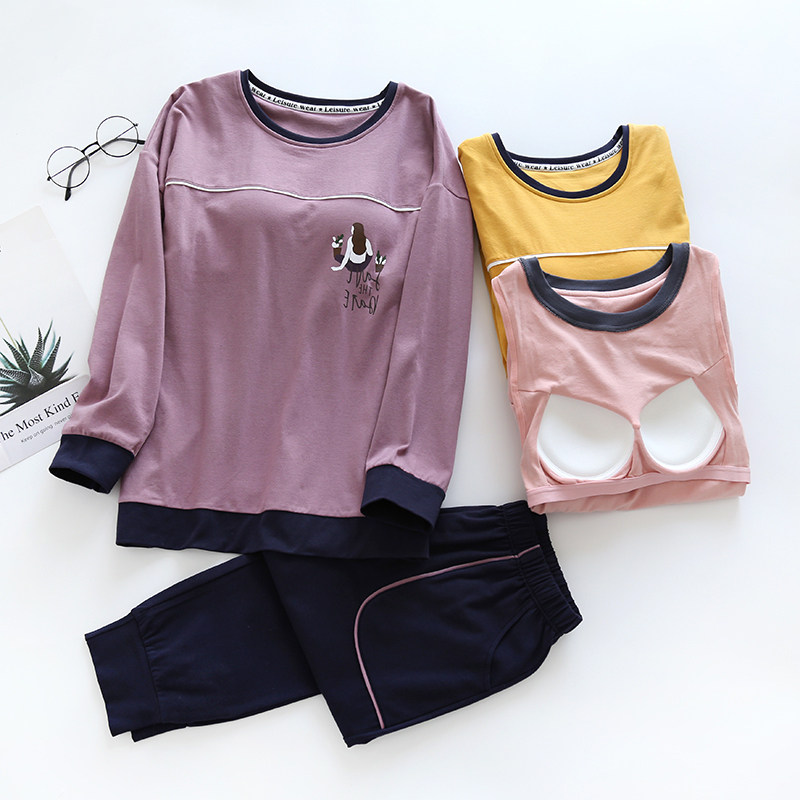 Can be worn outside sports cotton pajamas women's spring and autumn with chest pads long-sleeved suits wear-free bras home clothes cup one